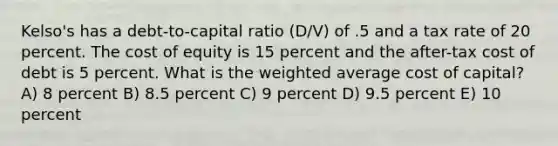 Kelso's has a debt-to-capital ratio (D/V) of .5 and a tax rate of 20 percent. The cost of equity is 15 percent and the after-tax cost of debt is 5 percent. What is the <a href='https://www.questionai.com/knowledge/koL1NUNNcJ-weighted-average' class='anchor-knowledge'>weighted average</a> cost of capital? A) 8 percent B) 8.5 percent C) 9 percent D) 9.5 percent E) 10 percent