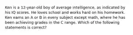 Ken is a 12-year-old boy of average intelligence, as indicated by his IQ scores. He loves school and works hard on his homework. Ken earns an A or B in every subject except math, where he has been achieving grades in the C range. Which of the following statements is correct?