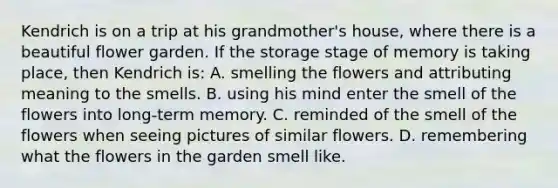 Kendrich is on a trip at his grandmother's house, where there is a beautiful flower garden. If the storage stage of memory is taking place, then Kendrich is: A. smelling the flowers and attributing meaning to the smells. B. using his mind enter the smell of the flowers into long-term memory. C. reminded of the smell of the flowers when seeing pictures of similar flowers. D. remembering what the flowers in the garden smell like.