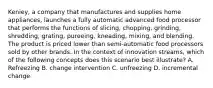 Keniey, a company that manufactures and supplies home appliances, launches a fully automatic advanced food processor that performs the functions of slicing, chopping, grinding, shredding, grating, pureeing, kneading, mixing, and blending. The product is priced lower than semi-automatic food processors sold by other brands. In the context of innovation streams, which of the following concepts does this scenario best illustrate? A. Refreezing B. change intervention C. unfreezing D. incremental change