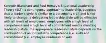 Kenneth Blanchard and Paul Hersey's Situational Leadership Theory (SLT), a contingency approach to leadership, suggests that a leader's style is similar to a personality trait and is not likely to change. a delegating leadership style will be effective with all levels of employees. employees with a high level of competence and a high level of commitment need a directing leadership style. the appropriate leadership style depends on the combination of an individual's competence (i.e. skill) and commitment (i.e. employee readiness or will).