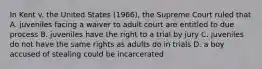 In Kent v. the United States (1966), the Supreme Court ruled that A. juveniles facing a waiver to adult court are entitled to due process B. juveniles have the right to a trial by jury C. juveniles do not have the same rights as adults do in trials D. a boy accused of stealing could be incarcerated