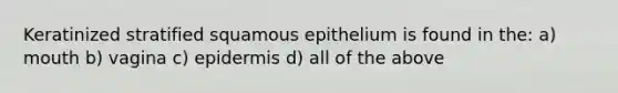 Keratinized stratified squamous epithelium is found in the: a) mouth b) vagina c) epidermis d) all of the above