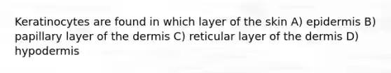 Keratinocytes are found in which layer of the skin A) epidermis B) papillary layer of the dermis C) reticular layer of the dermis D) hypodermis