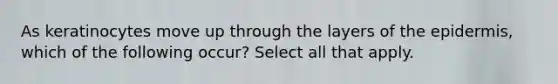 As keratinocytes move up through the layers of the epidermis, which of the following occur? Select all that apply.