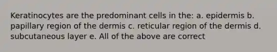 Keratinocytes are the predominant cells in the: a. epidermis b. papillary region of the dermis c. reticular region of the dermis d. subcutaneous layer e. All of the above are correct