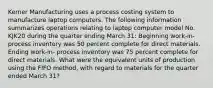 Kerner Manufacturing uses a process costing system to manufacture laptop computers. The following information summarizes operations relating to laptop computer model No. KJK20 during the quarter ending March 31: Beginning work-in-process inventory was 50 percent complete for direct materials. Ending work-in- process inventory was 75 percent complete for direct materials. What were the equivalent units of production using the FIFO method, with regard to materials for the quarter ended March 31?