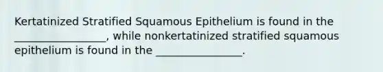 Kertatinized Stratified Squamous Epithelium is found in the _________________, while nonkertatinized stratified squamous epithelium is found in the ________________.