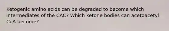 Ketogenic <a href='https://www.questionai.com/knowledge/k9gb720LCl-amino-acids' class='anchor-knowledge'>amino acids</a> can be degraded to become which intermediates of the CAC? Which <a href='https://www.questionai.com/knowledge/kR9thwvAYz-ketone-bodies' class='anchor-knowledge'>ketone bodies</a> can acetoacetyl-CoA become?