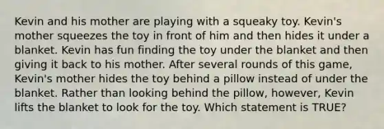 Kevin and his mother are playing with a squeaky toy. Kevin's mother squeezes the toy in front of him and then hides it under a blanket. Kevin has fun finding the toy under the blanket and then giving it back to his mother. After several rounds of this game, Kevin's mother hides the toy behind a pillow instead of under the blanket. Rather than looking behind the pillow, however, Kevin lifts the blanket to look for the toy. Which statement is TRUE?