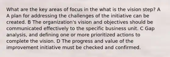 What are the key areas of focus in the what is the vision step? A A plan for addressing the challenges of the initiative can be created. B The organization's vision and objectives should be communicated effectively to the specific business unit. C Gap analysis, and defining one or more prioritized actions to complete the vision. D The progress and value of the improvement initiative must be checked and confirmed.