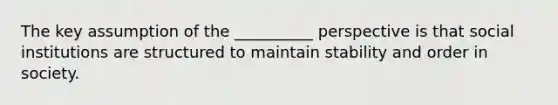 The key assumption of the __________ perspective is that social institutions are structured to maintain stability and order in society.