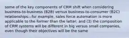 some of the key components of CRM shift when considering business-to-business (B2B) versus business-to-consumer (B2C) relationships—for example, sales force automation is more applicable to the former than the latter; and (3) the composition of CRM systems will be different in big versus small companies, even though their objectives will be the same