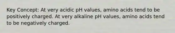 Key Concept: At very acidic pH values, <a href='https://www.questionai.com/knowledge/k9gb720LCl-amino-acids' class='anchor-knowledge'>amino acids</a> tend to be positively charged. At very alkaline pH values, amino acids tend to be negatively charged.