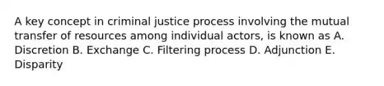 A key concept in criminal justice process involving the mutual transfer of resources among individual actors, is known as A. Discretion B. Exchange C. Filtering process D. Adjunction E. Disparity