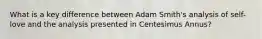 What is a key difference between Adam Smith's analysis of self-love and the analysis presented in Centesimus Annus?