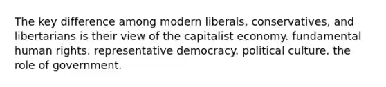 The key difference among modern liberals, conservatives, and libertarians is their view of the capitalist economy. fundamental human rights. representative democracy. political culture. the role of government.