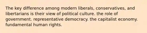 The key difference among modern liberals, conservatives, and libertarians is their view of political culture. the role of government. representative democracy. the capitalist economy. fundamental human rights.