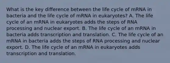 What is the key difference between the life cycle of mRNA in bacteria and the life cycle of mRNA in eukaryotes? A. The life cycle of an mRNA in eukaryotes adds the steps of <a href='https://www.questionai.com/knowledge/kapY3KpASG-rna-processing' class='anchor-knowledge'>rna processing</a> and nuclear export. B. The life cycle of an mRNA in bacteria adds <a href='https://www.questionai.com/knowledge/kWsjwWywkN-transcription-and-translation' class='anchor-knowledge'>transcription and translation</a>. C. The life cycle of an mRNA in bacteria adds the steps of RNA processing and nuclear export. D. The life cycle of an mRNA in eukaryotes adds transcription and translation.