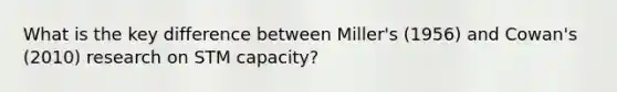 What is the key difference between Miller's (1956) and Cowan's (2010) research on STM capacity?