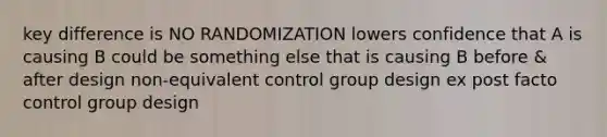 key difference is NO RANDOMIZATION lowers confidence that A is causing B could be something else that is causing B before & after design non-equivalent control group design ex post facto control group design