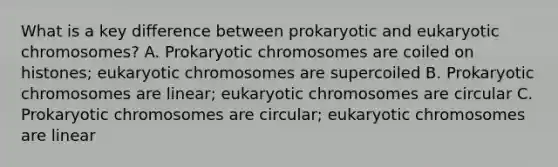 What is a key difference between prokaryotic and eukaryotic chromosomes? A. Prokaryotic chromosomes are coiled on histones; eukaryotic chromosomes are supercoiled B. Prokaryotic chromosomes are linear; eukaryotic chromosomes are circular C. Prokaryotic chromosomes are circular; eukaryotic chromosomes are linear