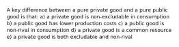 A key difference between a pure private good and a pure public good is that: a) a private good is non-excludable in consumption b) a public good has lower production costs c) a public good is non-rival in consumption d) a private good is a common resource e) a private good is both excludable and non-rival