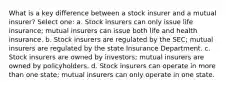 What is a key difference between a stock insurer and a mutual insurer? Select one: a. Stock insurers can only issue life insurance; mutual insurers can issue both life and health insurance. b. Stock insurers are regulated by the SEC; mutual insurers are regulated by the state Insurance Department. c. Stock insurers are owned by investors; mutual insurers are owned by policyholders. d. Stock insurers can operate in more than one state; mutual insurers can only operate in one state.