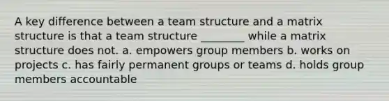 A key difference between a team structure and a matrix structure is that a team structure ________ while a matrix structure does not. a. empowers group members b. works on projects c. has fairly permanent groups or teams d. holds group members accountable