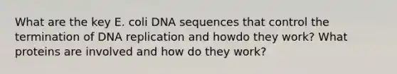 What are the key E. coli DNA sequences that control the termination of DNA replication and howdo they work? What proteins are involved and how do they work?