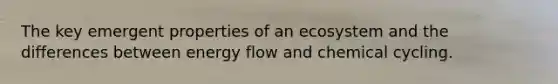 The key emergent properties of an ecosystem and the differences between energy flow and chemical cycling.