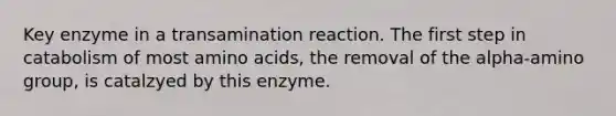 Key enzyme in a transamination reaction. The first step in catabolism of most <a href='https://www.questionai.com/knowledge/k9gb720LCl-amino-acids' class='anchor-knowledge'>amino acids</a>, the removal of the alpha-amino group, is catalzyed by this enzyme.