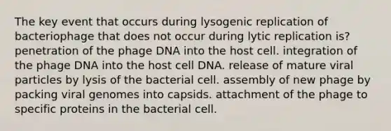 The key event that occurs during lysogenic replication of bacteriophage that does not occur during lytic replication is? penetration of the phage DNA into the host cell. integration of the phage DNA into the host cell DNA. release of mature viral particles by lysis of the bacterial cell. assembly of new phage by packing viral genomes into capsids. attachment of the phage to specific proteins in the bacterial cell.