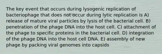 The key event that occurs during lysogenic replication of bacteriophage that does not occur during lytic replication is A) release of mature viral particles by lysis of the bacterial cell. B) penetration of the phage DNA into the host cell. C) attachment of the phage to specific proteins in the bacterial cell. D) integration of the phage DNA into the host cell DNA. E) assembly of new phage by packing viral genomes into capsids