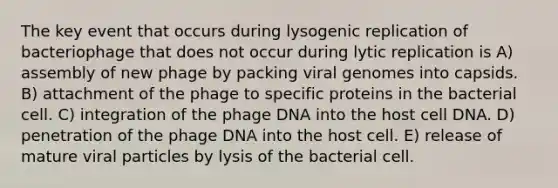 The key event that occurs during lysogenic replication of bacteriophage that does not occur during lytic replication is A) assembly of new phage by packing viral genomes into capsids. B) attachment of the phage to specific proteins in the bacterial cell. C) integration of the phage DNA into the host cell DNA. D) penetration of the phage DNA into the host cell. E) release of mature viral particles by lysis of the bacterial cell.