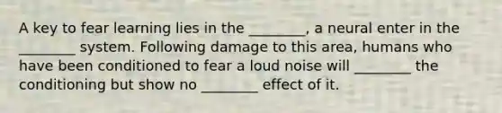 A key to fear learning lies in the ________, a neural enter in the ________ system. Following damage to this area, humans who have been conditioned to fear a loud noise will ________ the conditioning but show no ________ effect of it.