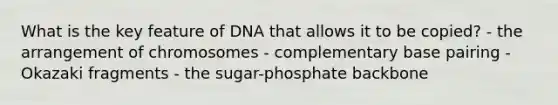 What is the key feature of DNA that allows it to be copied? - the arrangement of chromosomes - complementary base pairing - Okazaki fragments - the sugar-phosphate backbone