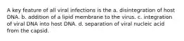 A key feature of all viral infections is the a. disintegration of host DNA. b. addition of a lipid membrane to the virus. c. integration of viral DNA into host DNA. d. separation of viral nucleic acid from the capsid.