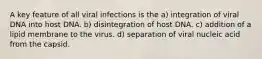 A key feature of all viral infections is the a) integration of viral DNA into host DNA. b) disintegration of host DNA. c) addition of a lipid membrane to the virus. d) separation of viral nucleic acid from the capsid.