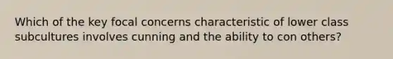 Which of the key focal concerns characteristic of lower class subcultures involves cunning and the ability to con others?