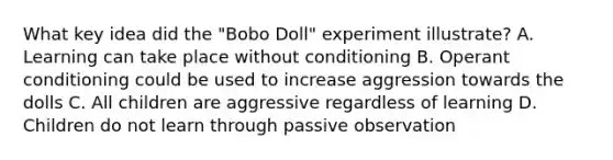 What key idea did the "Bobo Doll" experiment illustrate? A. Learning can take place without conditioning B. Operant conditioning could be used to increase aggression towards the dolls C. All children are aggressive regardless of learning D. Children do not learn through passive observation