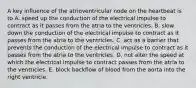 A key influence of the atrioventricular node on the heartbeat is to A. speed up the conduction of the electrical impulse to contract as it passes from the atria to the ventricles. B. slow down the conduction of the electrical impulse to contract as it passes from the atria to the ventricles. C. act as a barrier that prevents the conduction of the electrical impulse to contract as it passes from the atria to the ventricles. D. not alter the speed at which the electrical impulse to contract passes from the atria to the ventricles. E. block backflow of blood from the aorta into the right ventricle.