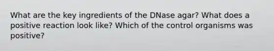 What are the key ingredients of the DNase agar? What does a positive reaction look like? Which of the control organisms was positive?