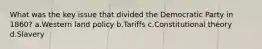 What was the key issue that divided the Democratic Party in 1860? a.Western land policy b.Tariffs c.Constitutional theory d.Slavery