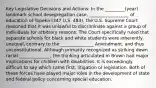 Key Legislative Decisions and Actions: In the _________(year) landmark school desegregation case, __________________ of education of Topeka (347 U.S. 483), the U.S. Supreme Court reasoned that it was unlawful to discriminate against a group of individuals for arbitrary reasons. The Court specifically ruled that separate schools for black and white students were inherently unequal, contrary to the _______________ Amendment, and thus unconstitutional. Although primarily recognized as striking down racial ______________, the thinking articulated in Brown had major implications for children with disabilities. It is exceedingly difficult to say which came first, litigation or legislation. Both of these forces have played major roles in the development of state and federal policy concerning special education.