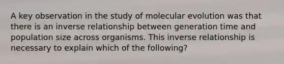 A key observation in the study of molecular evolution was that there is an <a href='https://www.questionai.com/knowledge/kc6KNK1VxL-inverse-relation' class='anchor-knowledge'>inverse relation</a>ship between generation time and population size across organisms. This inverse relationship is necessary to explain which of the following?