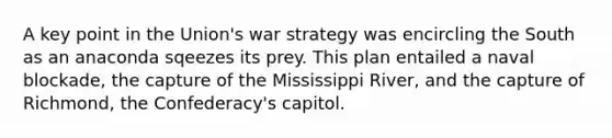 A key point in the Union's war strategy was encircling the South as an anaconda sqeezes its prey. This plan entailed a naval blockade, the capture of the Mississippi River, and the capture of Richmond, the Confederacy's capitol.