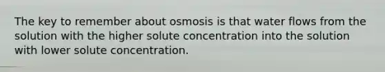 The key to remember about osmosis is that water flows from the solution with the higher solute concentration into the solution with lower solute concentration.