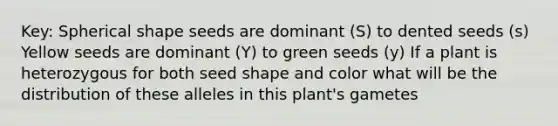 Key: Spherical shape seeds are dominant (S) to dented seeds (s) Yellow seeds are dominant (Y) to green seeds (y) If a plant is heterozygous for both seed shape and color what will be the distribution of these alleles in this plant's gametes