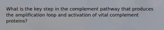 What is the key step in the complement pathway that produces the amplification loop and activation of vital complement proteins?